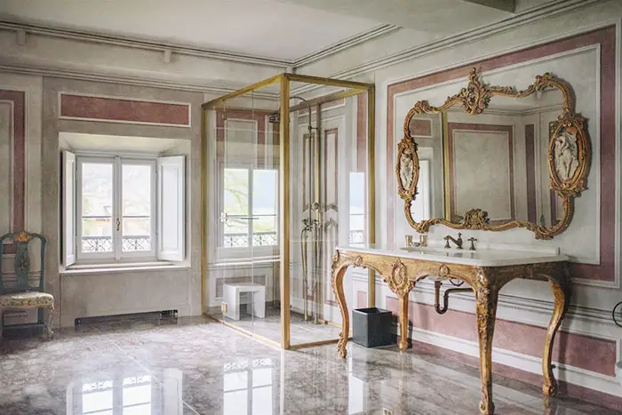 Marble bathroom suite with view of Lake Como