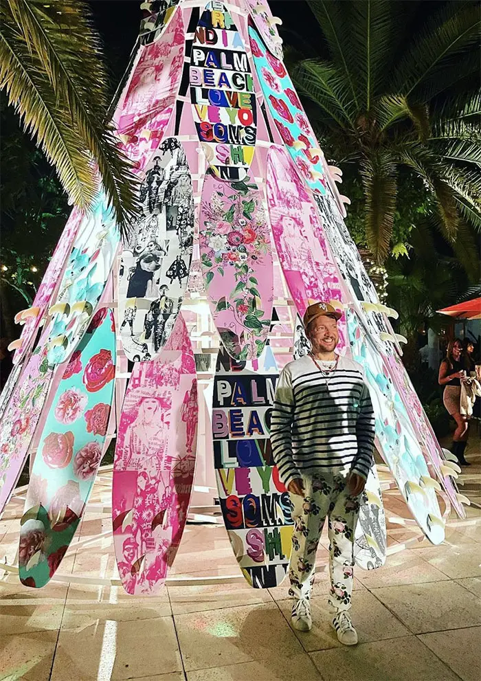 Artist Johnson Hartig with his Surfboard Tree