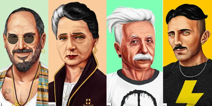 Hipstory's Steve Jobs, Marie Curie, Einstein and Nicolas Tesla