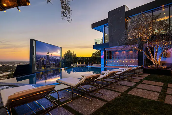 outdoor theater and bar by pool