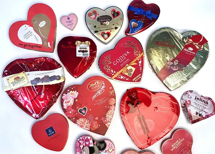 popular drugstore brands of chocolates in heart-shaped boxes.