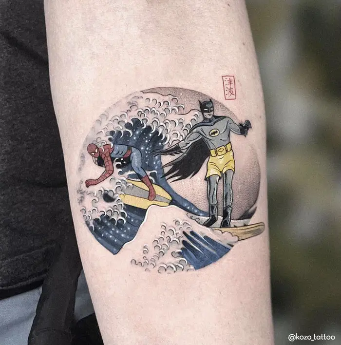 Hokusai's The Great Wave off Kanagawa being surfed by Batman and Spiderman.