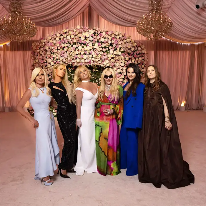 Britney posing with Donatella Versace, Paris Hilton, Madonna, Selena Gomez and Drew Barrymore