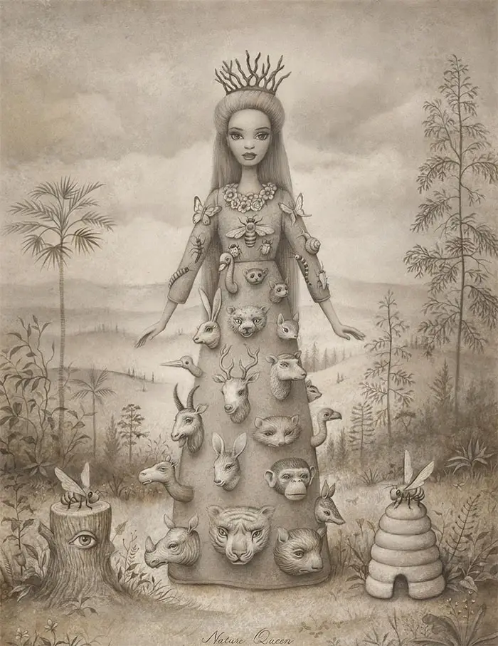 Mark Ryden, Barbie as Nature Queen, pencil drawing, 2021