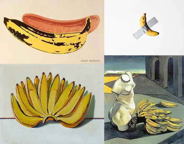 Banana screenprint by Andy Warhol, Maurice Cattelan "Comedian", (2019), Giorgio de Chirico, The Uncertainty of the Poet by Giorgio de Chirico (1913) and Wayne Thiebaud, Bananas (1963)