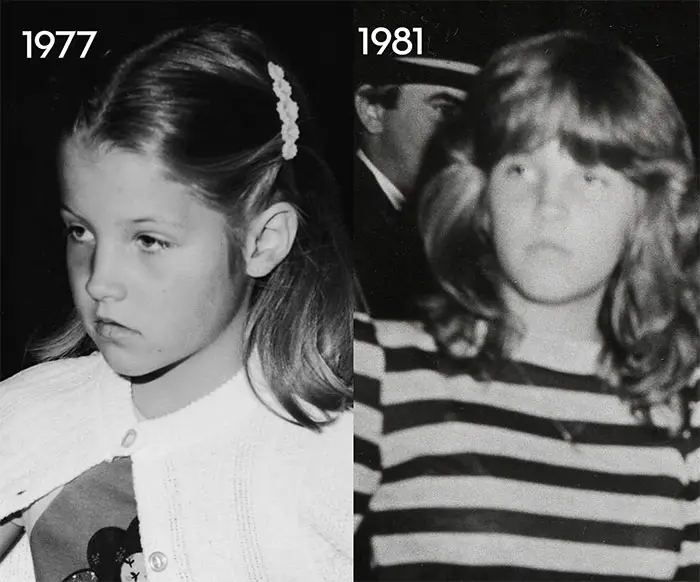 Lisa Marie Presley at age 9, the age at which she lost her father, and at age 11