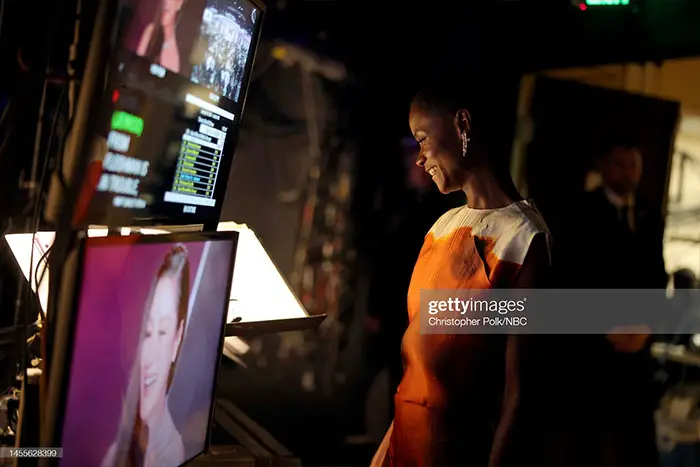 Letitia White watches Michelle Yeoh on the backstage monitor