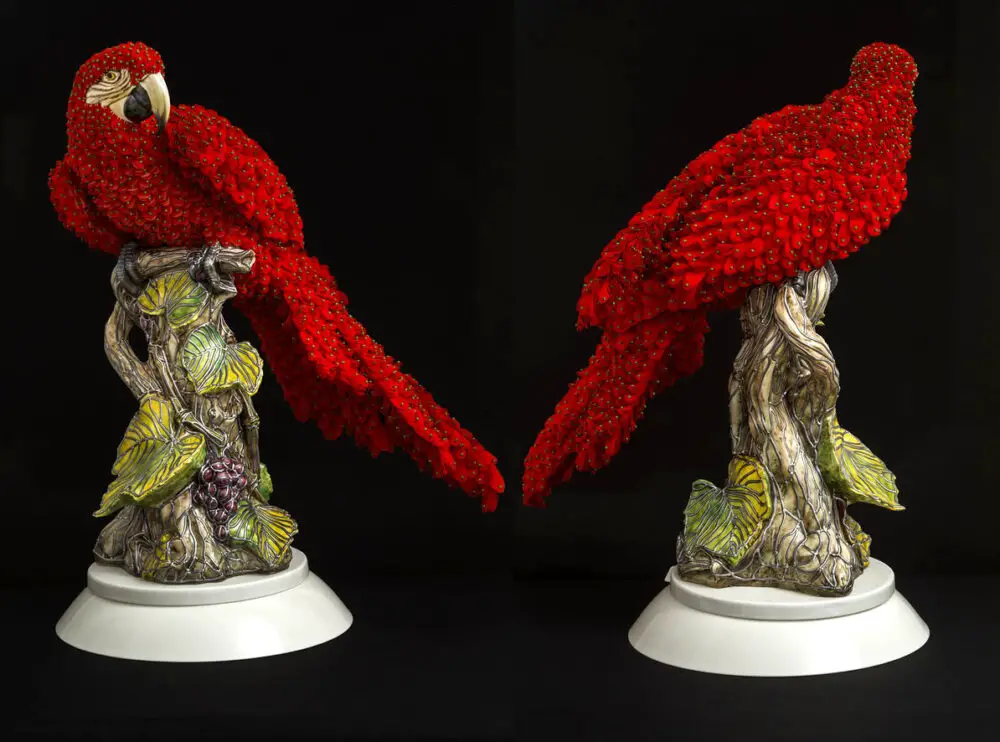 red organza feathered parrot on base IIHIH