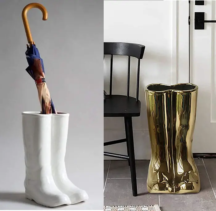 white and gold ceramic rainboots umbrella holders