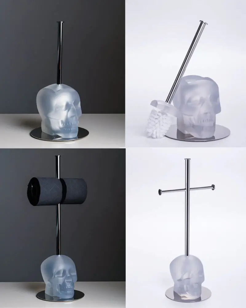 Clear skull toilet brush and tp holder