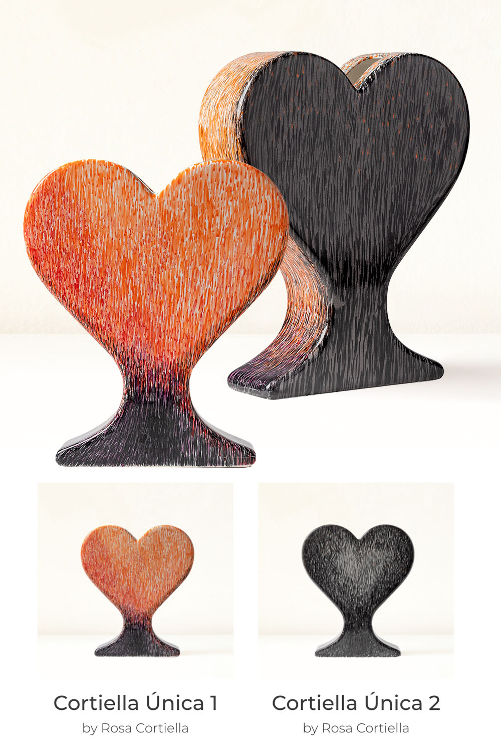 Artist Decorated Heart Vases Cortiella Única 1 and 2 by artist Rosa Cortiella