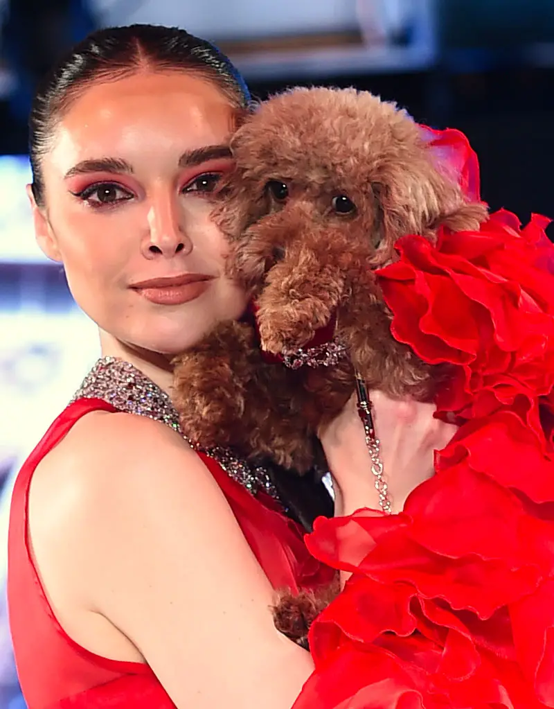 model with brown poodle