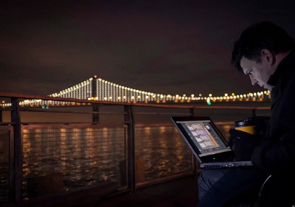 Artist Leo Villareal with his computerized Bay Lights installation in 2013