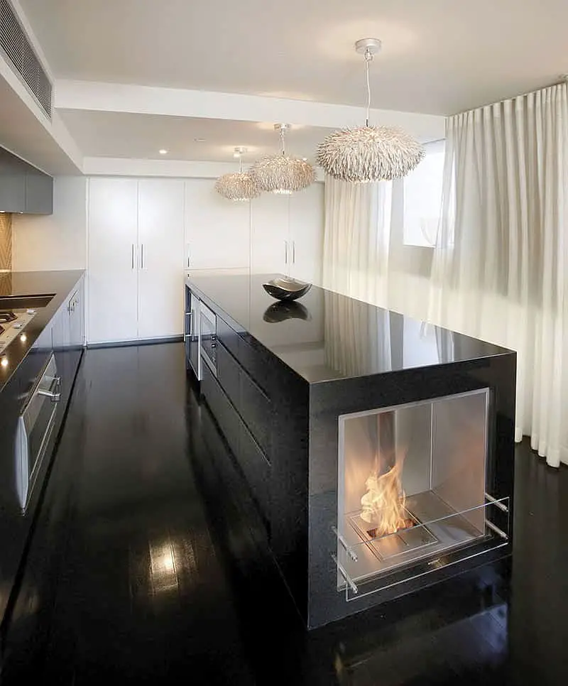 kitchen island with built-in fireplace