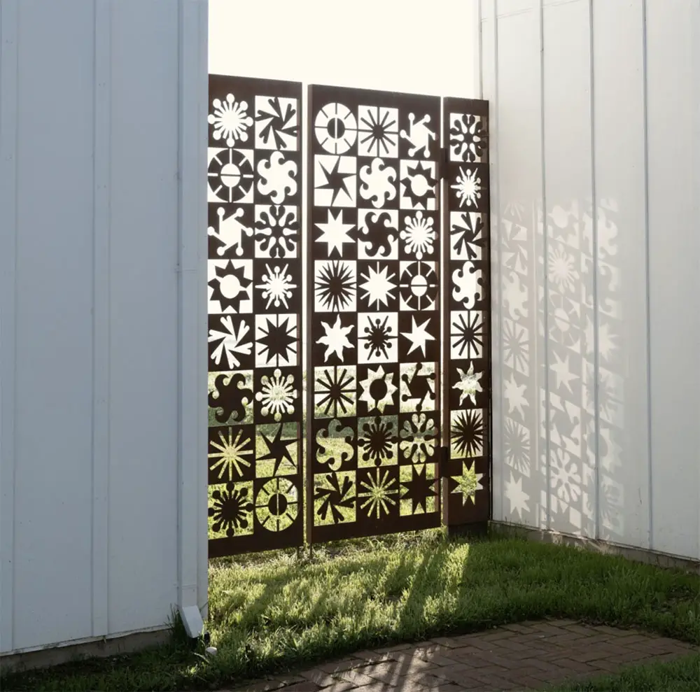 The Sunburst Gate in one of the many metal gates by Lucia Eames at The Eames Ranch
