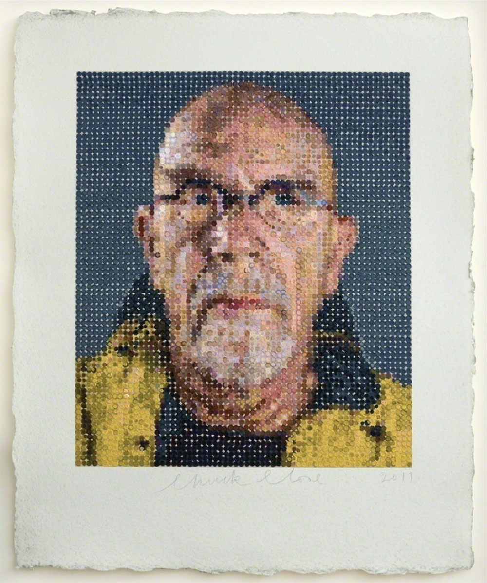 Chuck Close, self -portrait print. felt stamps to hand apply oil paints on a silkscreen ground.