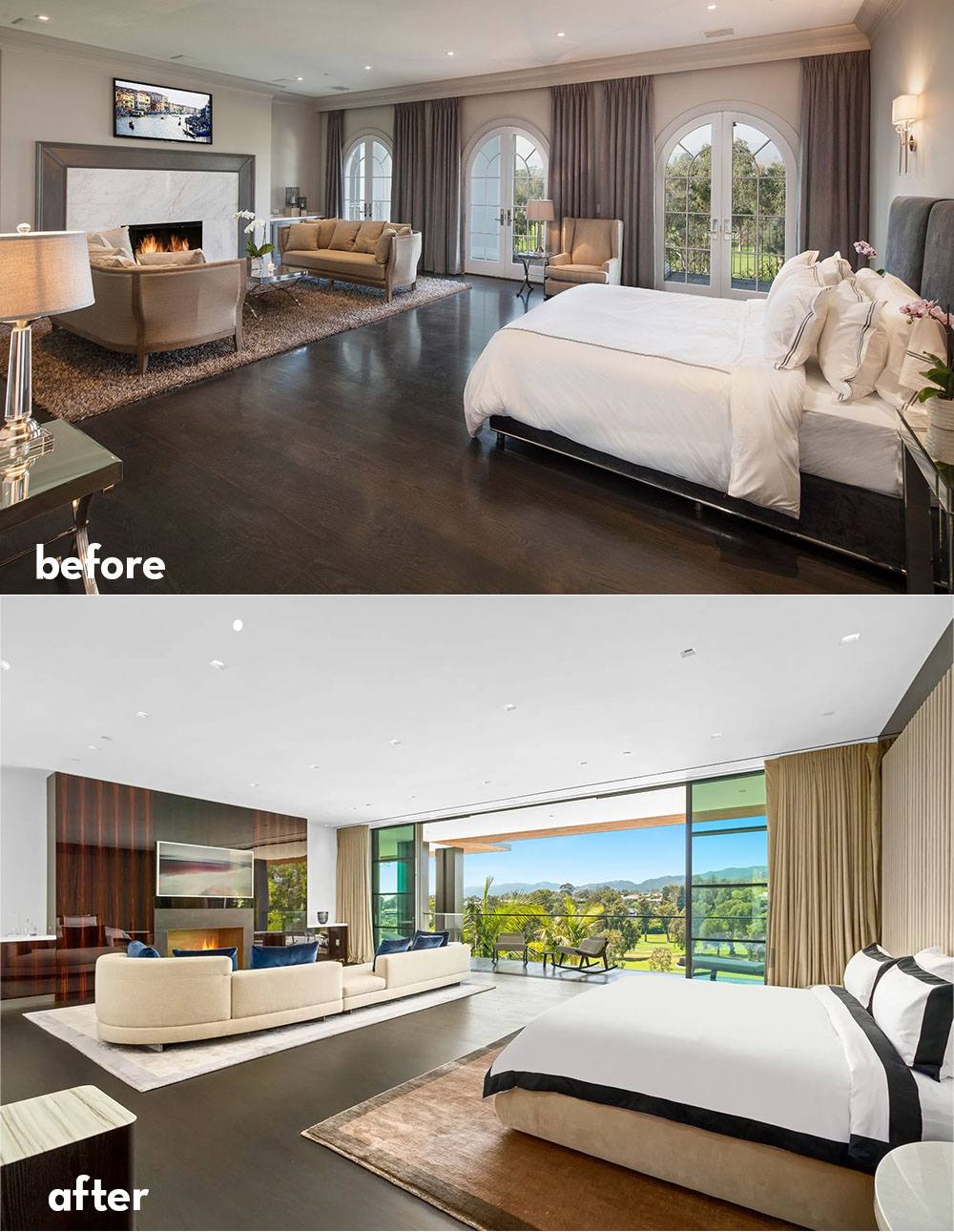 The many master suites with fireplaces and views have all been updated with sliding glass walls replacing French doors