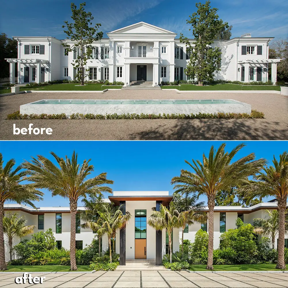 Top: The front entrance at 1525 San Vicente as it used to look; Bottom: as it looks now