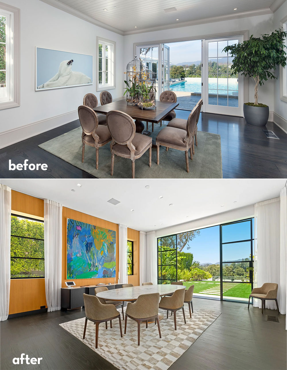 The casual dining room before and after the redesign.