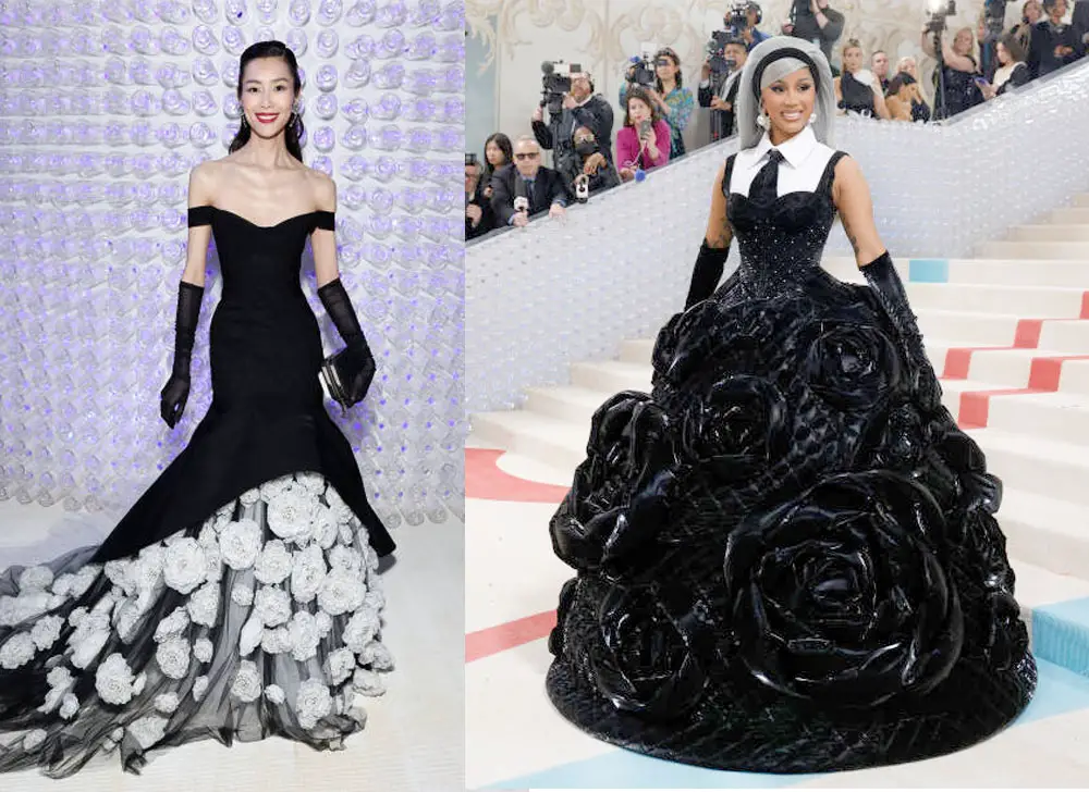 Liu Wen and Cardi B in beautiful camellia-embellished gowns