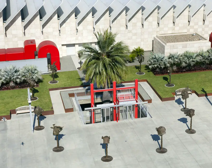 An overhead view of the Chinese Zodiac / Circle of Animals installation at LACMA