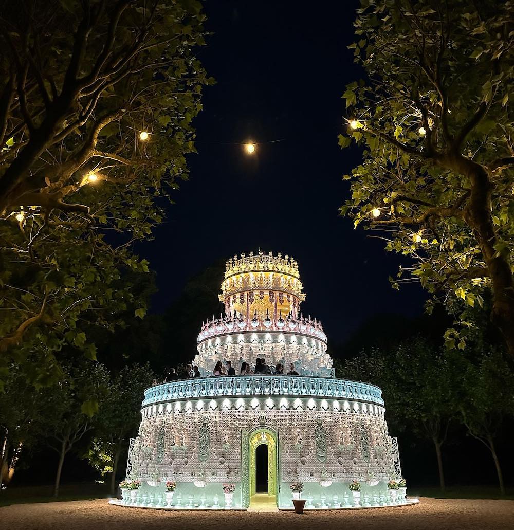 wedding cake pavilion at Waddeson at night