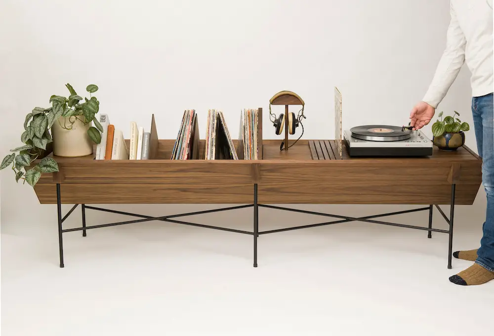 Open 45 Credenza in walnut, 7' long with matte black legs