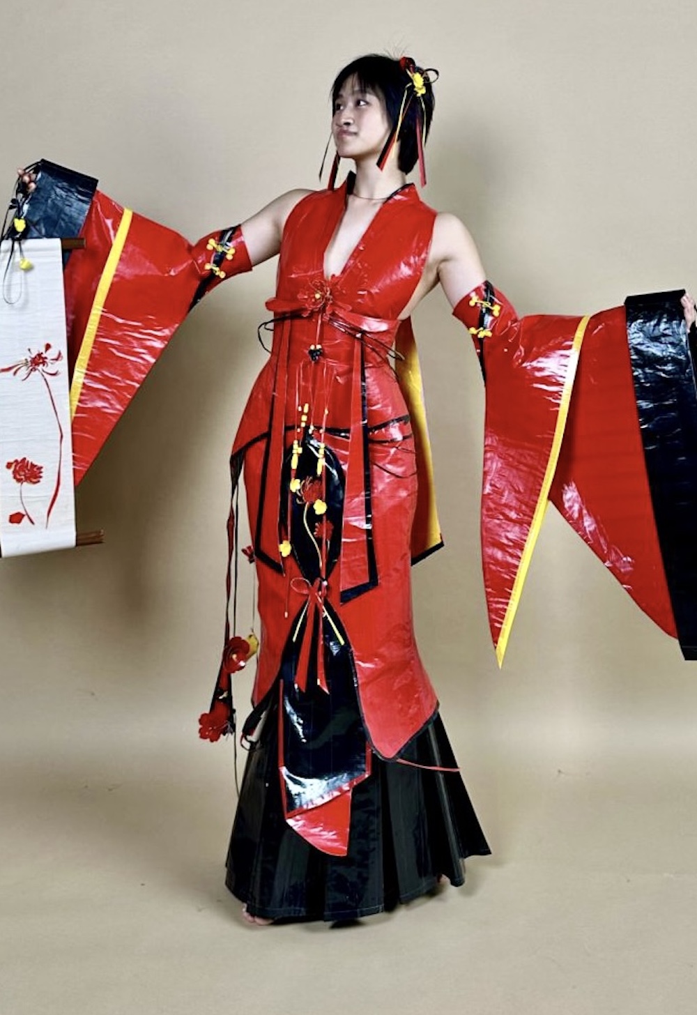 Japanese kimono inspired gown made of duct tape