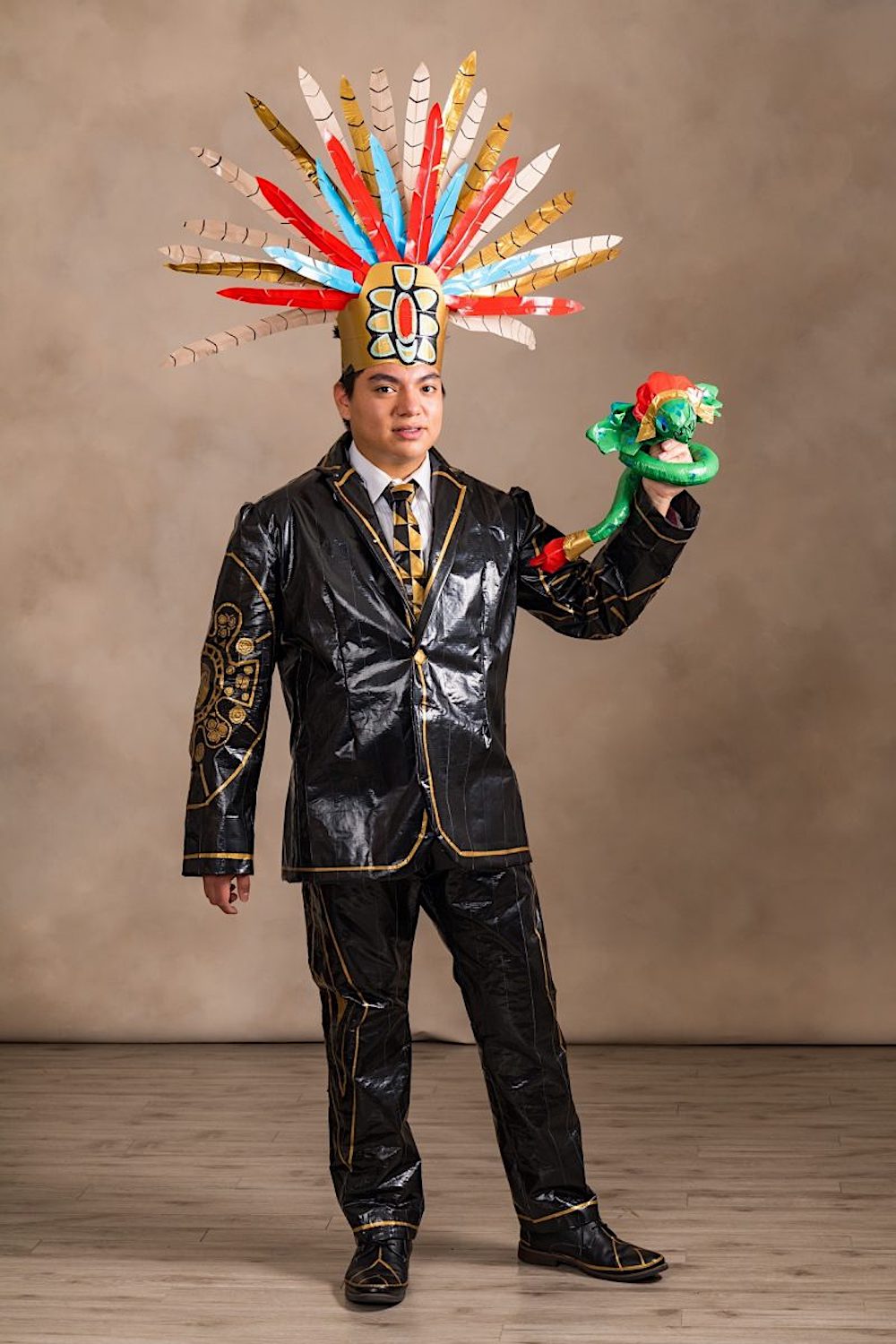 Aztec-inspired tux and headpiece made of duct tape