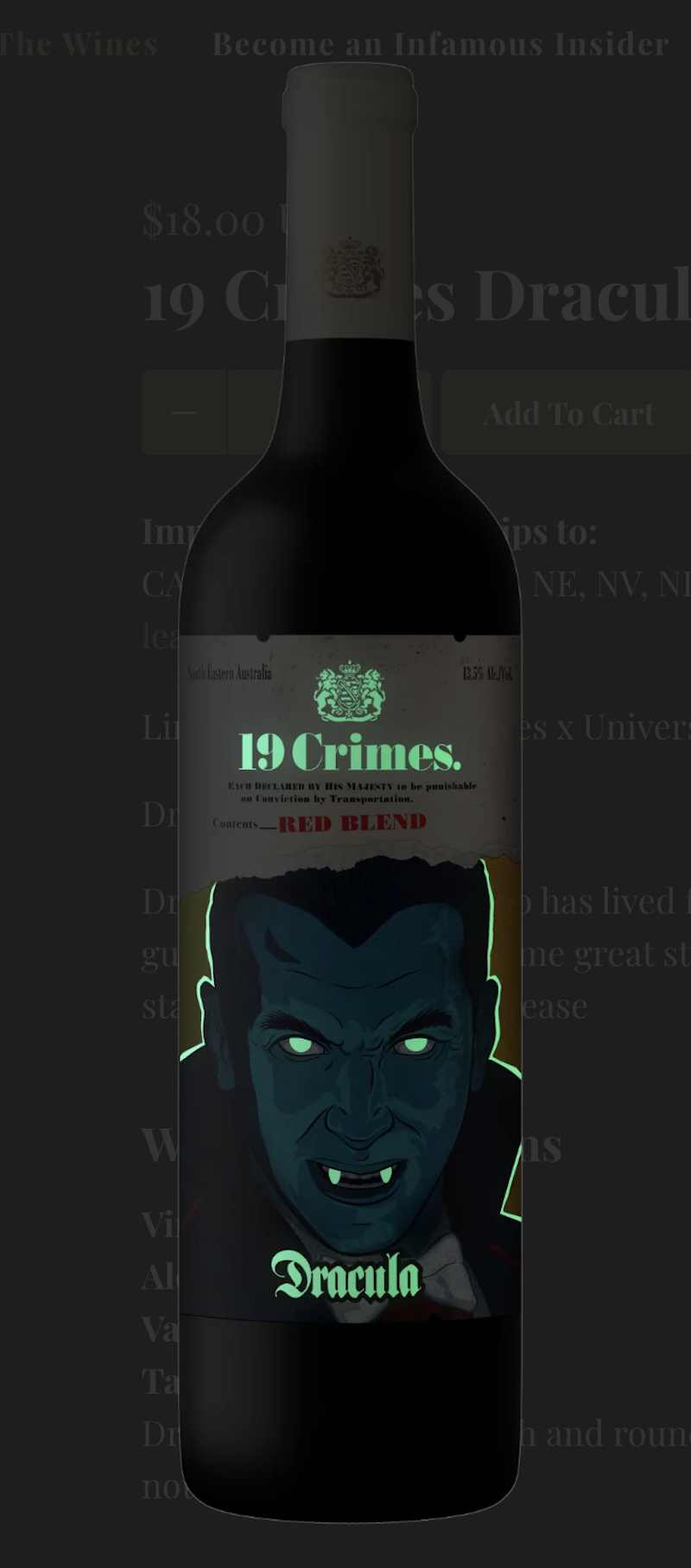 19 Crimes x Universal Monsters Dracula Red Blend glow-in-the-dark label