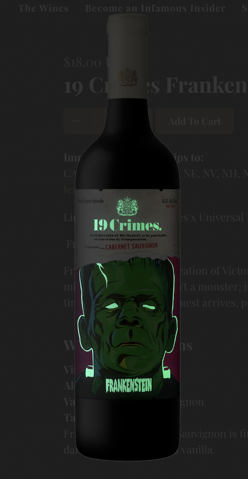 19 Crimes x Universal Monsters Frankenstein Cabernet glow-in-the-dark label