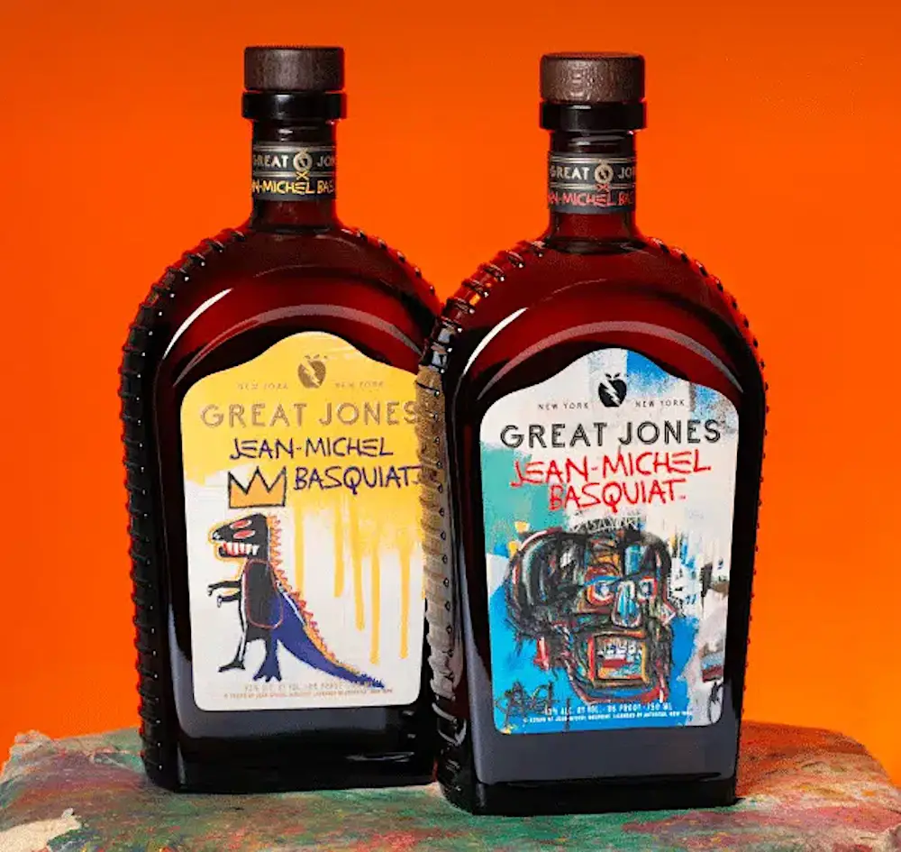 The Jean-Michel Basquiat Dino and Skull labels for Great Jones Whiskey