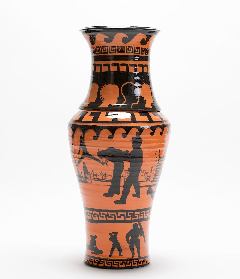 Roberto Lugo, Ghetto Krater, glaze on terracotta, 2018, H x W: 36 5/8 × 17 1/8 in. (93 × 43.5 cm) Diameter of lip: 12 9/16 in. (31.9 cm) Circumference: 51 1/2 in. (130.8 cm)