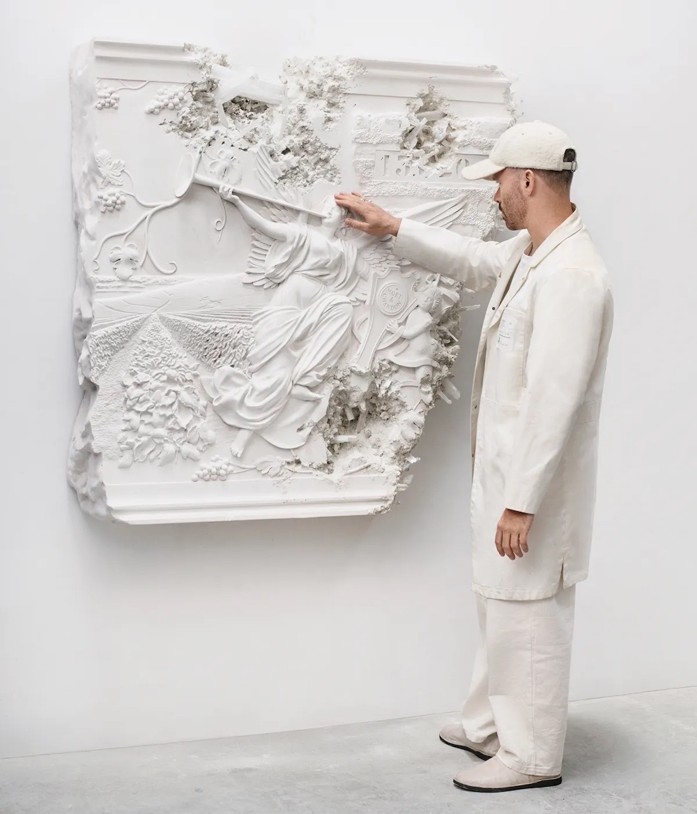 The artist, Daniel Arsham with one piece of his triptych for Moet & Chandon
