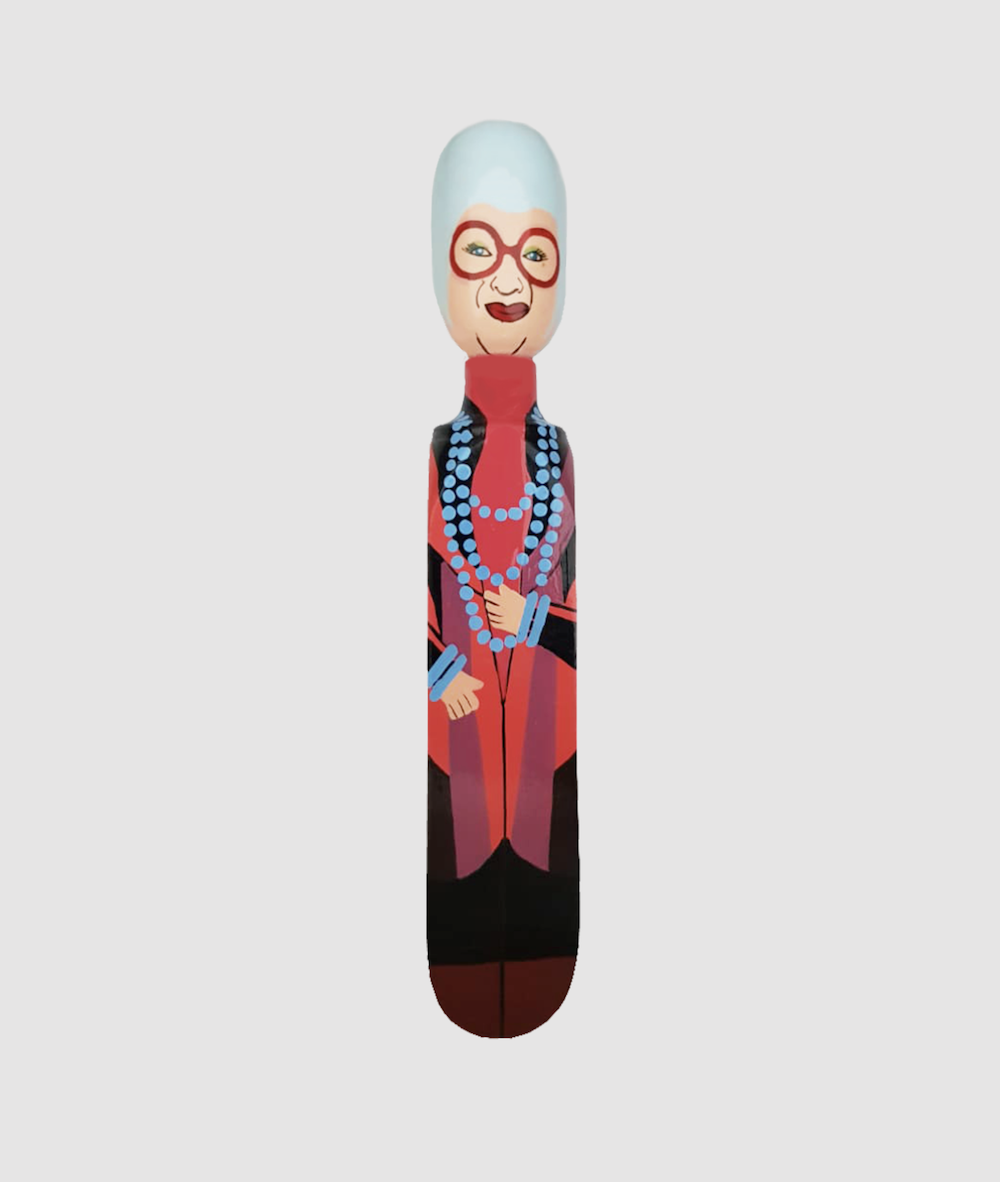 Iris Apfel-inspired wooden doorstop