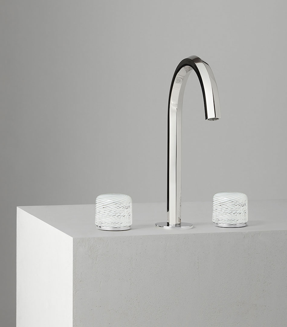 white filigree glass faucet handles