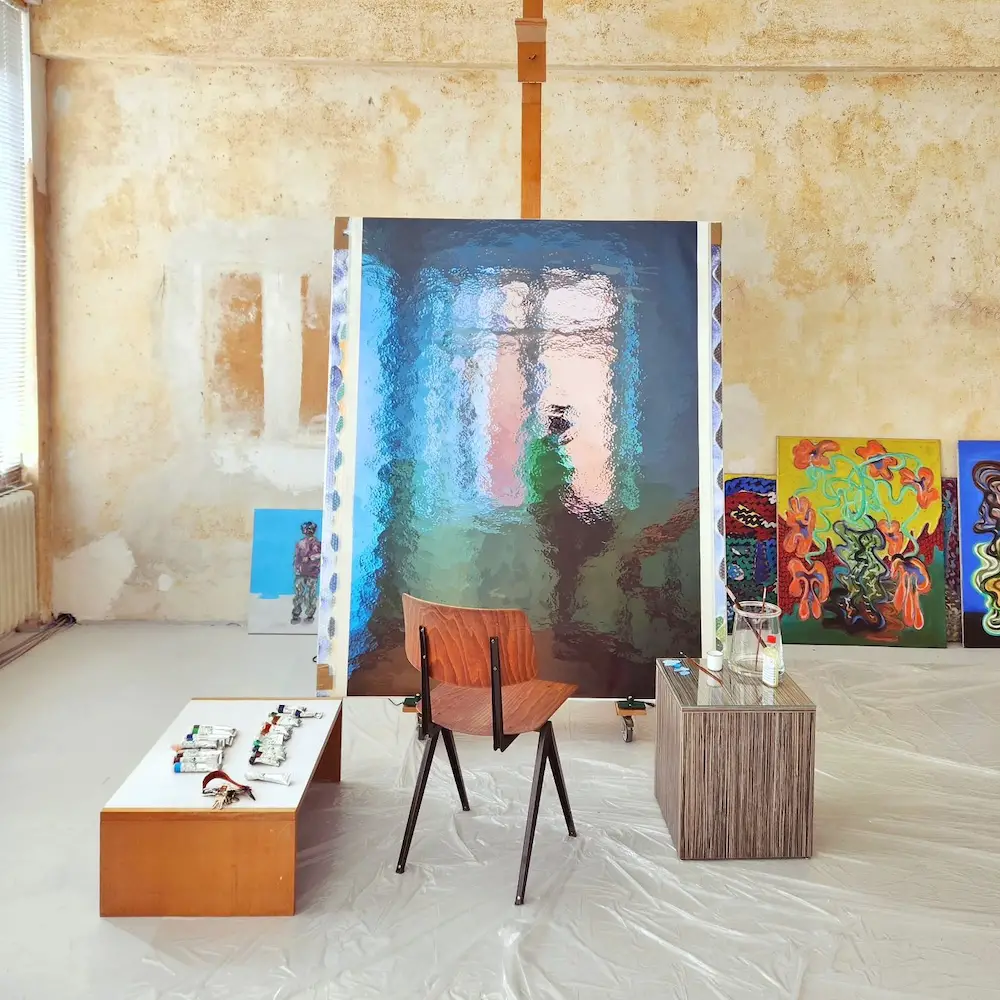 Diango Hernandez, painting in progress, in the artist's studio
