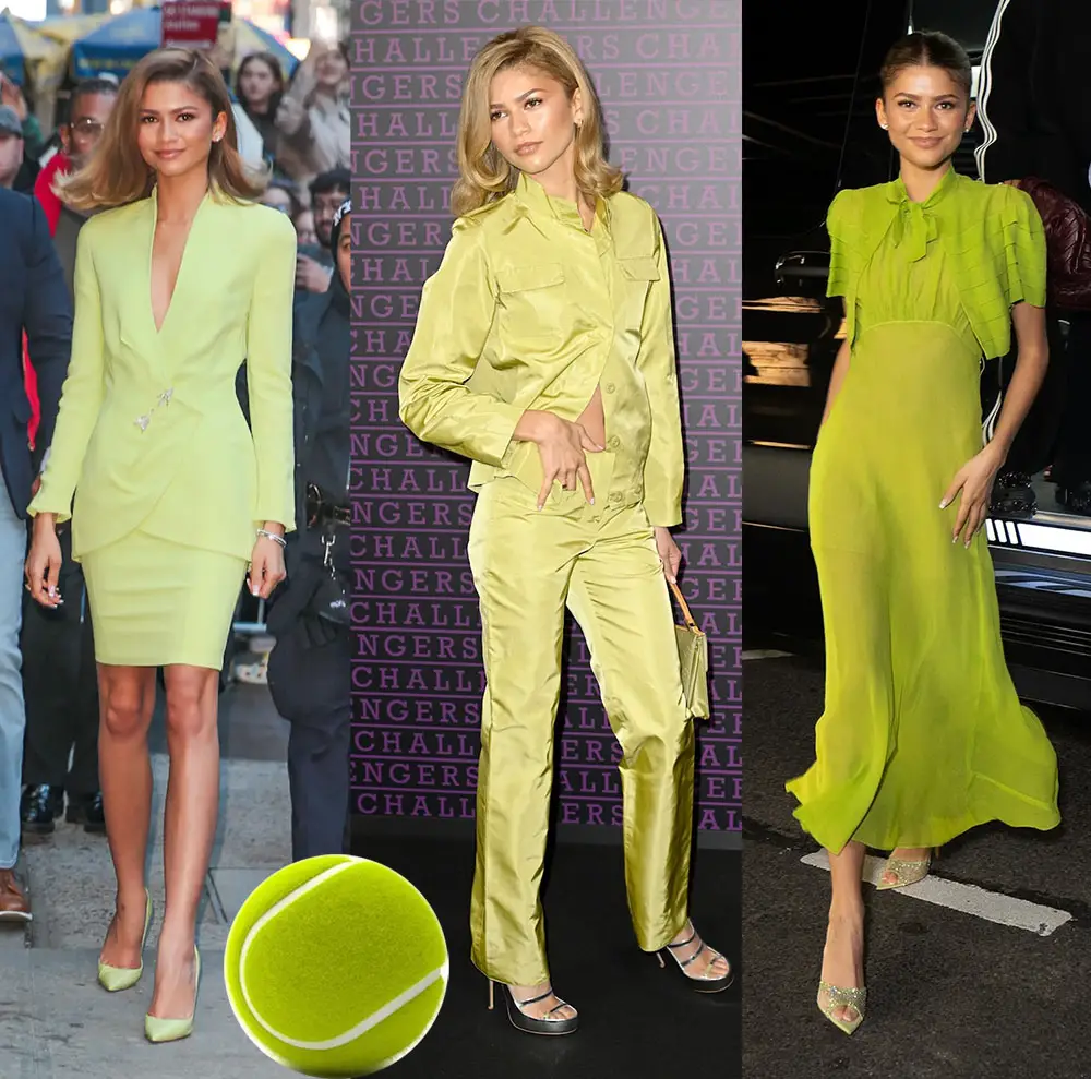 During the press for the movie, Zendaya wore vintage Thierry Mugler, vintage Louis Vuitton and a vintage 1930's dress from Sweet Disorder Vintage - all in tennis ball colors.