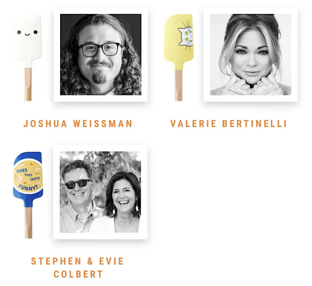 Joshua Weissman, Valerie Bertinelli, Stephen & Edie Colbert with their spatulas