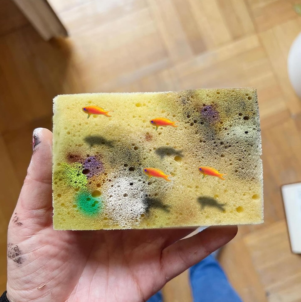 school of goldfish hand-painted on a sponge